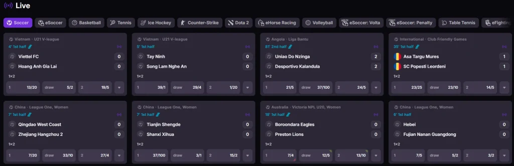 Woolbet Casino live betting interface with football matches, live odds and sportsbook markets