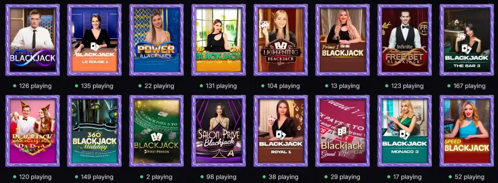 Woolbet Casino live blackjack games lobby with multiple dealer tables and blackjack variations