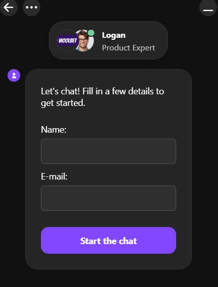 Woolbet Casino live chat support window with product expert assistance