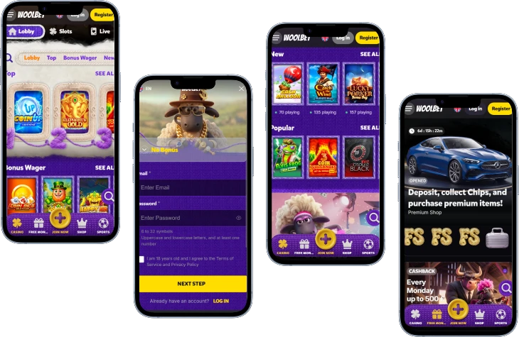 Woolbet Casino mobile version displayed on smartphones with games, registration and bonus features