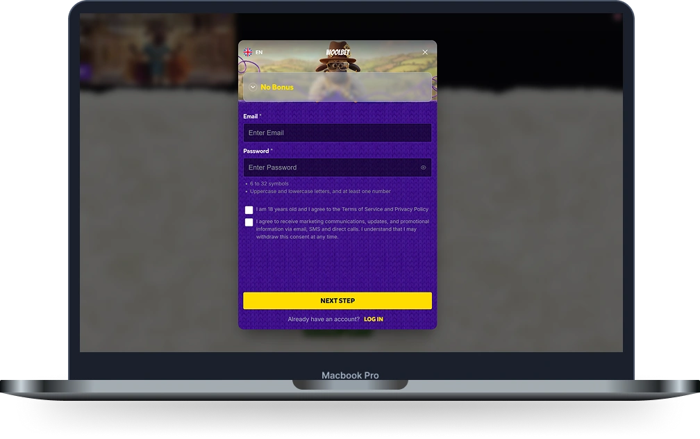 Woolbet Casino registration page displayed on laptop screen with account signup form